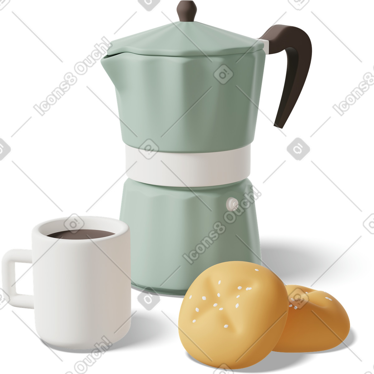 3D Casual life 스타일의 Moka pot with cup of coffee and buns 일러스트레이션 PNG, SVG 다운로드
