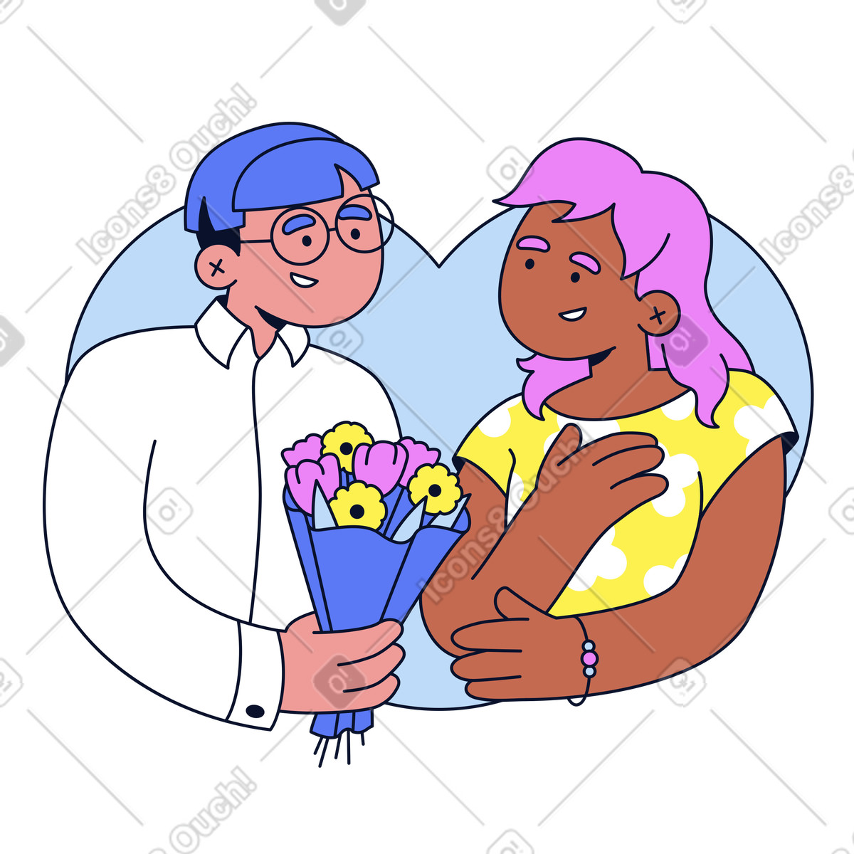 Giving bouquet to a romantic partner, Love, relationship and Valentine's Day celebration-Illustration im Flexy-Stil als Download in PNG, SVG