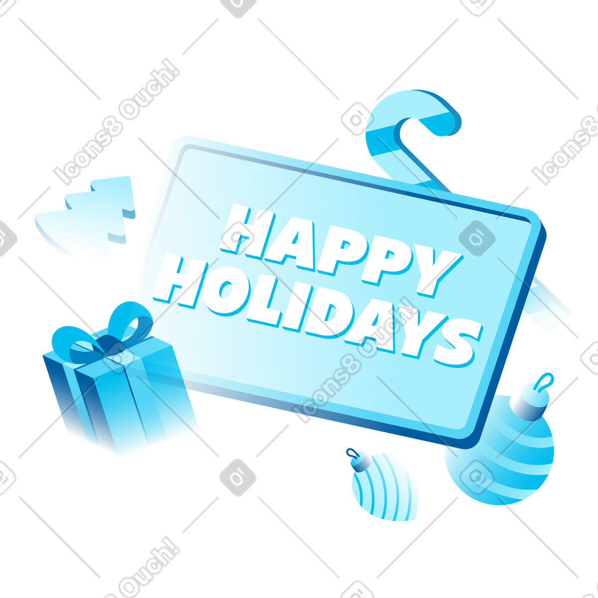 Ilustración Christmas decorations around Happy Holidays message, Seasonal greeting card en estilo Icy a descargar en PNG y SVG
