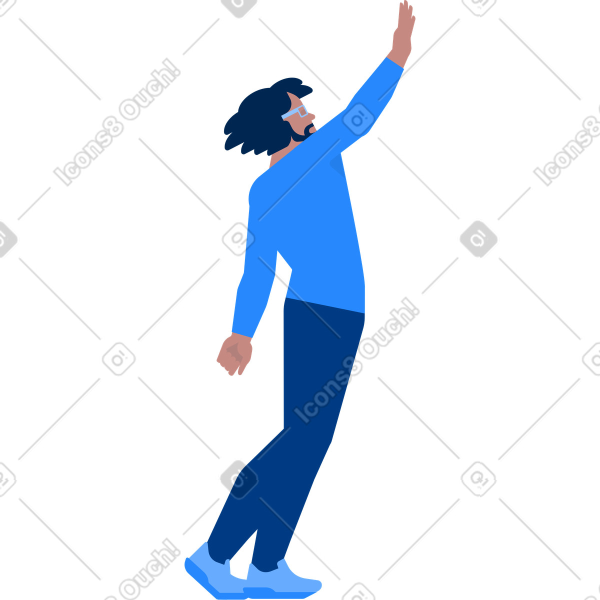 Иллюстрация Bearded man in glasses with raised hand в стиле Urban — скачать в форматах PNG, SVG