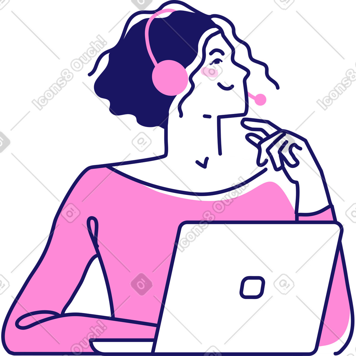 Illustration Femme avec un casque tenant ordinateur portable dans le style Matey à télécharger aux formats PNG, SVG