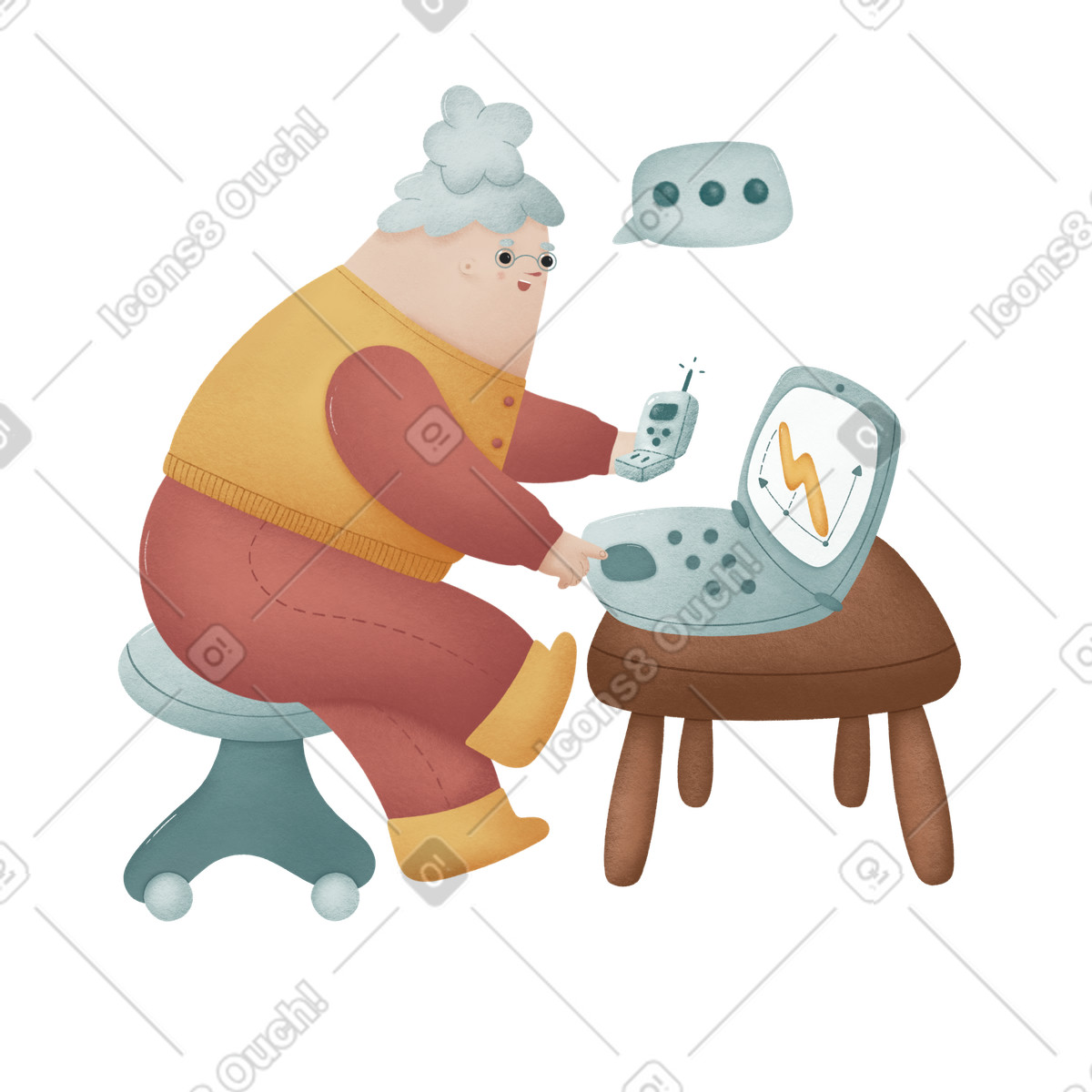 Oma sitzt und arbeitet am laptop telefoniert-Illustration im Woolly-Stil als Download in PNG, SVG