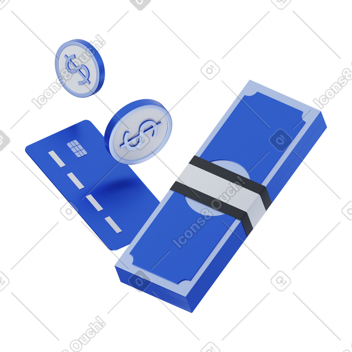 Money bundle with coins and credit card, personal finance and banking animated illustration in GIF, Lottie (JSON), AE