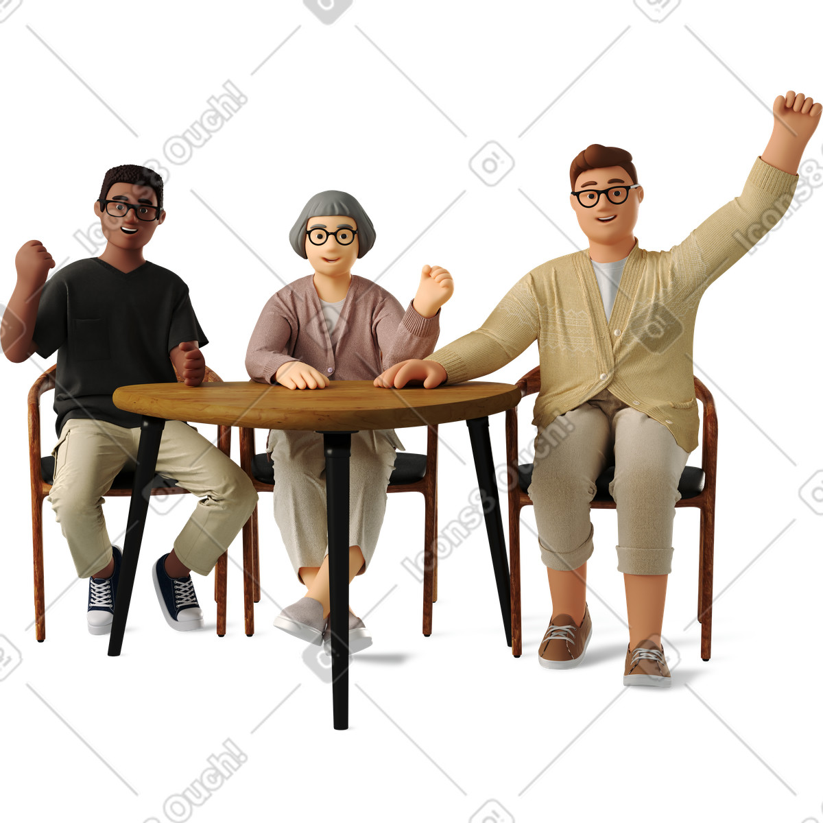 Ilustración Three colleagues joyfully raised their fists en estilo 3D Business a descargar en PNG y SVG