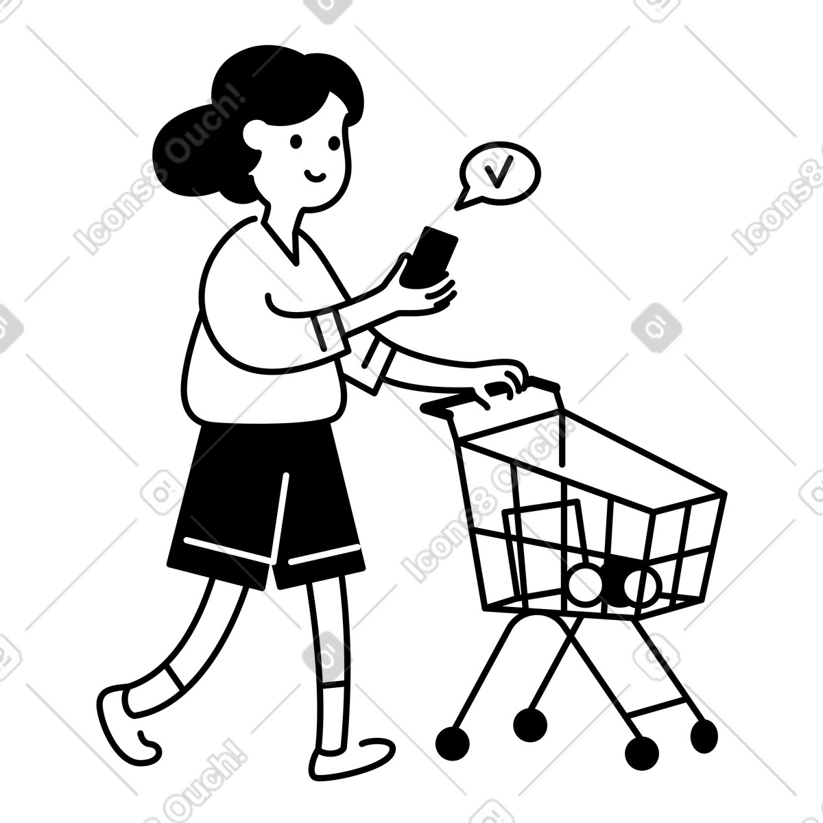 下载 Notion Line Art 风格的 Supermarket customer using smartphone list while moving grocery cart 插画，支持 PNG、SVG 格式