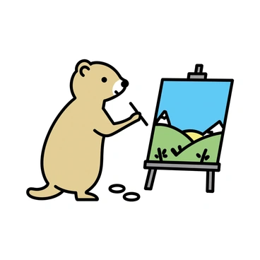 A prairie dog, standing on its hind legs, is holding a small paintbrush with its front paws. The prairie dog is focused on painting a landscape scene on a canvas set up on an easel. The canvas depicts rolling green hills, dotted with wildflowers and a clear blue sky. In the background, there are distant mountains. The prairie dog has a light brown fur coat, and its expressive eyes are fixed on the painting, showcasing its concentration and creativity. A few paint splatters are visible on the ground around the easel.