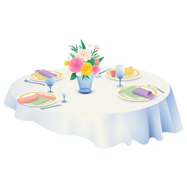 A dining table is elegantly set with a white tablecloth draping over it. In the center, there is a vibrant floral centerpiece composed of assorted flowers in shades of pink, yellow, and white, arranged in a delicate glass vase. Surrounding the centerpiece are fine china plates with intricate gold detailing, placed perfectly at each setting. The table settings include polished silverware, folded linen napkins in soft pastel colors, and crystal wine glasses glinting under soft lighting. Each place setting is meticulously arranged, creating an inviting atmosphere for a formal meal.