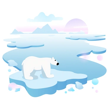 A vast expanse of melting ice caps in the Arctic reveals large patches of exposed water, shimmering under soft light. In the foreground, a polar bear is standing on a small ice floe, its white fur providing a stark contrast against the bluish tones of the melting ice. Surrounding the bear are smaller chunks of ice breaking apart, creating a sense of urgency in the environment. In the distance, the horizon shows more melting ice with a gradient of pastel colors in the sky, reflecting off the water's surface. The scene conveys the impact of climate change on this fragile ecosystem.