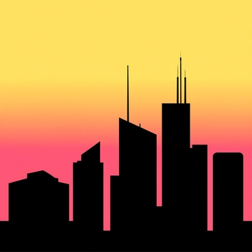 A city skyline with tall buildings, featuring a variety of architectural styles. The skyline is silhouetted against a sky transitioning from bright yellow at the horizon to deep red higher up. The rooftops of the buildings are sharply defined, and a few antennas and signs add detail to the skyline. The colors in the sky create a dramatic backdrop for the cityscape, enhancing the contrast between the buildings and the colorful sky.