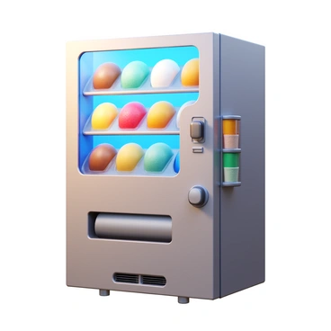 A vending machine on a hot summer day with a shiny metal exterior. The vending machine is filled with a variety of colorful ice cream flavors displayed in clear sections, including chocolate, vanilla, strawberry, and mint green. There are also several cones stacked neatly on one side of the machine. The sun casts warm light on the vending machine, highlighting the vibrant colors of the ice cream and the inviting nature of the scene.