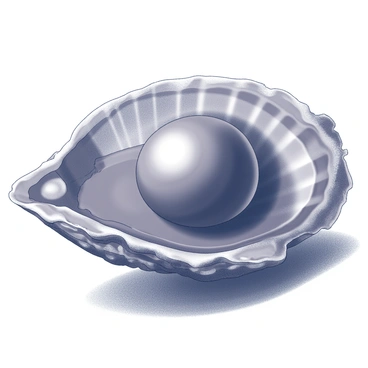 A large chocolate pearl is nestled inside a chocolate oyster shell. The oyster shell has intricate textured patterns, resembling natural ridges and grooves. The shell is partially open, revealing the smooth, glossy surface of the chocolate pearl. The surrounding area features a surface that resembles a wooden or stone texture, providing a contrasting backdrop to the shiny chocolate elements. Soft shadows are cast around the shell and pearl, enhancing the three-dimensional appearance and emphasizing their shapes.