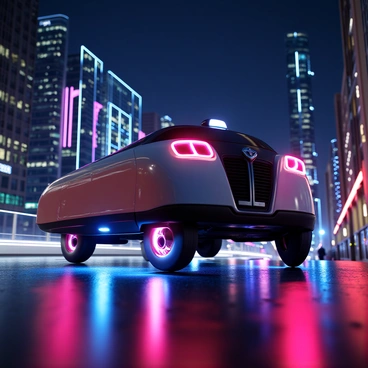 A futuristic taxi with a sleek, aerodynamic design and a smooth metallic surface is hovering several feet above the ground. The taxi has bright LED lights integrated into its body, illuminating it in vibrant colors. Its wheels are retracted, and the bottom of the vehicle features glowing accents. The streets of London are lined with tall buildings displaying dynamic neon lights in various hues, reflecting off the surface of the taxi. The background includes iconic London landmarks, subtly integrated into the bustling city environment. The sky above is dark, making the neon lights more vivid and striking against the urban landscape.