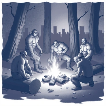 A group of orcs is gathered around a campfire in a dense forest. The orcs have rugged, muscular physiques and fierce expressions, showcasing their warrior nature. Some are seated on large logs while others stand, their faces illuminated by the flickering flames. The campfire casts dancing shadows across their rough, textured skin. The forest surrounding them is dark and dense, with towering trees that block out most of the light. The ground is littered with fallen leaves and branches, enhancing the feeling of wilderness. In the background, hints of other silhouettes of trees can be seen, contributing to the overall atmosphere of isolation.