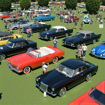 A scene from a vintage car show featuring several classic cars, each polished to a high shine. The cars include a bright red 1960s Chevrolet convertible with white leather seats, a sleek black 1950s Ford Mustang, and a vibrant blue 1970s Volkswagen Beetle. The cars are parked in neat rows on a grassy area, with sunlight reflecting off their shiny surfaces. Spectators are admiring the vehicles, some taking photos, while others discuss their favorite models. Colorful banners and flags flutter in the gentle breeze, adding to the lively atmosphere of the event.