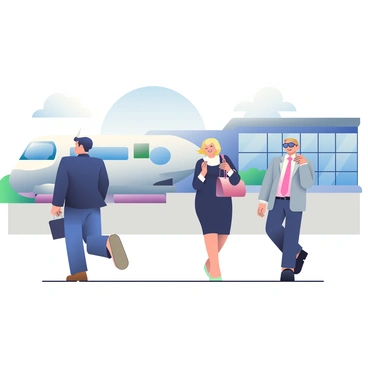 A group of three business travelers is walking towards a sleek, silver private jet parked on the tarmac of a small, exclusive airport. The first traveler, a man with dark hair wearing a tailored navy suit and carrying a black leather briefcase, leads the group. The second traveler, a woman with short blonde hair dressed in a fitted black dress, is checking her phone as she follows closely behind. The third traveler, a man with light brown hair in a gray suit, is adjusting his sunglasses while carrying a travel bag. In the background, a luxurious terminal building with large glass windows is visible, and a blue sky with a few fluffy white clouds completes the scene.