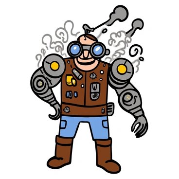 A steampunk action figure with a metallic finish stands in a dynamic pose. The figure has large round goggles resting on its forehead, with intricate details and gears on the goggles. It features a mechanical arm with exposed pistons and gears, showcasing a blend of metal and leather. The figure wears a vest adorned with various steampunk accessories, including small tools and gadgets. The background is filled with a hint of steam and mechanical elements to enhance the steampunk theme.