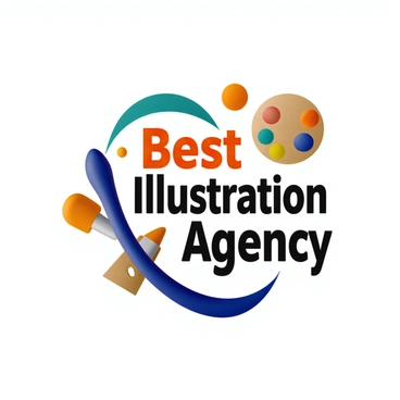 A logo design for "Best Illustration Agency India" that features bold, vibrant colors such as bright oranges, deep blues, and vivid greens. The design incorporates artistic elements like a paintbrush and a palette, arranged in a dynamic, circular layout. The text "Best Illustration Agency India" is prominently displayed in a modern, artistic font, with each word balanced within the composition. The overall look is lively and reflects creativity and professionalism.