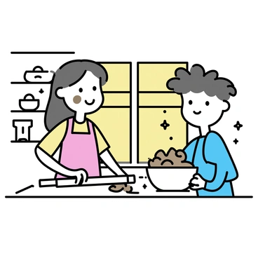 Two children, a boy and a girl, wearing colorful aprons, are standing on a wooden kitchen counter. The boy has a blue apron and is holding a mixing bowl filled with cookie dough. The girl, wearing a pink apron, is rolling out dough with a rolling pin. Flour is dusted on the counter and their faces are smudged with chocolate. In the background, there are shelves filled with baking supplies and a window letting in warm sunlight, illuminating the cozy atmosphere.