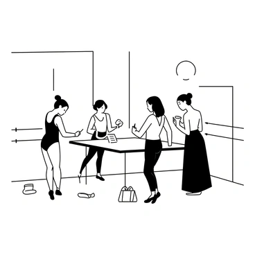 A group of dancers stands in a brightly lit dance studio, filling out registration forms at a long table. One dancer, wearing a fitted tank top and leggings, is reaching for a pen while another, in a flowing skirt, looks over her shoulder to read the form. A large mirror on one wall reflects their movements, and there are ballet bars along the other walls. Various dance shoes and bags are scattered around the floor, adding to the energetic atmosphere.