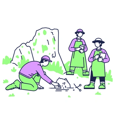 A team of explorers is actively searching for dinosaur fossils in a dry, arid desert. There are three explorers: one is kneeling beside a large fossilized dinosaur bone, carefully brushing away sand with a small tool. The second explorer is standing nearby, holding a notebook and taking notes, while the third is examining a rock formation in the background that appears to have embedded fossils. The desert landscape features scattered, rugged rocks and sparse vegetation under a bright, cloudless sky.