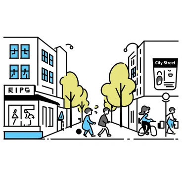 A busy city street scene, featuring tall buildings with windows and balconies on either side. People are walking along the sidewalk, some stopping to chat while others look at their phones. A cyclist is riding past, and a bus is stopped at a nearby bus stop. Trees line the street, providing a bit of greenery among the urban setting. The scene is filled with details like streetlights, traffic signs, and shop signs, creating a lively atmosphere. "City Street" is displayed prominently on one of the shop signs.