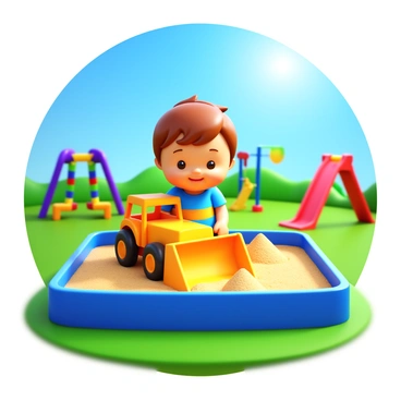 A child with short brown hair wearing a colorful t-shirt is playing with a yellow toy bulldozer in a sandbox. The sandbox is filled with fine, light-colored sand, and there are small piles of sand created by the bulldozer. Surrounding the sandbox are green grass and colorful playground equipment, including a slide and swings. The sky is clear blue with a bright sun casting soft shadows on the scene. The child is focused on the bulldozer, pushing it through the sand with a big smile on their face.