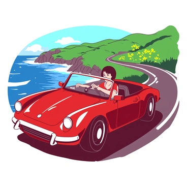 A person with short brown hair is seated behind the wheel of a shiny red luxurious car, cruising along a scenic coastal road. The road curves gracefully alongside the deep blue ocean, with waves crashing against the rocky shore. In the background, there are rolling green hills dotted with vibrant yellow wildflowers under a clear sky. The person has a focused expression, enjoying the drive as the sun casts warm light onto the car's glossy surface. The wind tousles their hair slightly, hinting at the vehicle's speed.