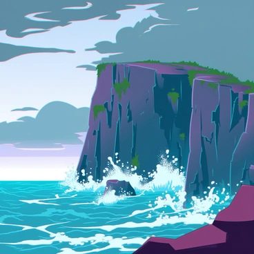 A sheer cliff edge that rises abruptly from the rocky coastline. The cliff is composed of jagged stone formations, with patches of green vegetation clinging to its surface. Below, turbulent seas crash violently against the rocks, sending spray high into the air. Dark clouds loom overhead, swirling ominously and casting deep shadows on the cliff and the water below. The scene is dramatic and filled with tension, as the wind whips through the air, adding a sense of movement to the atmosphere.