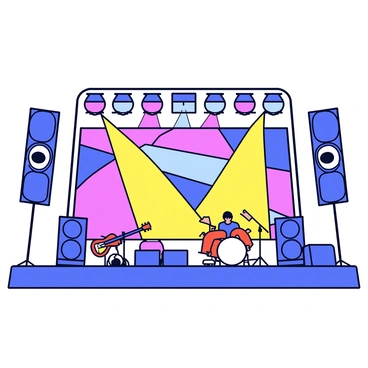 A concert stage with a large backdrop featuring vibrant colors. The stage is equipped with multiple speakers, and colorful sound waves are visually represented as flowing curves radiating outwards from the speakers. Bright stage lights illuminate the scene, casting different hues across the audience. There are musical instruments, such as a guitar and a drum set, positioned on the stage. The overall atmosphere is filled with energy and movement.