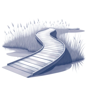 A wooden boardwalk winding through a marshland. The boardwalk has planks that are weathered and textured, showing signs of age. Tall grasses surround the boardwalk, swaying gently in the breeze. The grasses vary in height, creating layers and depth around the path. In the distance, small patches of water reflect the sky, adding contrast to the landscape. Faint shadows of the grasses are cast on the boardwalk, emphasizing the sunlight filtering through.