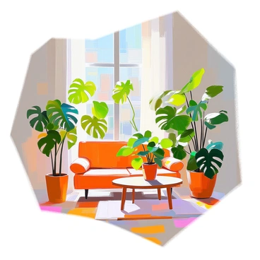 A vibrant interior scene showcasing a collection of lush houseplants arranged thoughtfully throughout a cozy apartment. The plants include a tall monstera with large, split leaves, cascading pothos with heart-shaped foliage, and a fiddle leaf fig with its broad, glossy leaves. The background features light-colored walls and warm wooden furniture, which provides a contrast to the vivid green shapes of the plants. Sunlight streams in through a large window, creating a lively atmosphere that highlights the various textures and shades of green in the leaves.