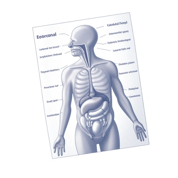 An educational chart featuring the human endocrine system. The chart includes a detailed representation of various glands such as the pituitary, thyroid, adrenal, and pancreas. Each gland is clearly labeled with its name. Arrows may indicate hormone pathways and relationships between the glands. The overall layout is organized for easy comprehension, allowing for a clear understanding of the endocrine system's structure and function.