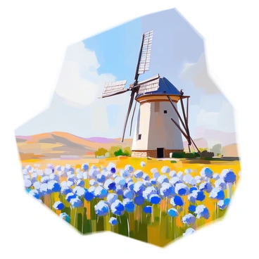 A rustic windmill with wooden blades and a weathered stone base stands prominently in the background. It is surrounded by a vibrant cornflower field, where clusters of bright blue flowers sway gently in the breeze. The field stretches across the scene, creating a vivid contrast against the green grass. In the distance, rolling hills can be seen under a clear blue sky, completing the idyllic countryside landscape.