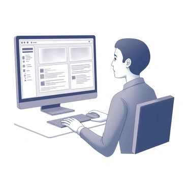 A user sitting at a desk, focused on a computer screen displaying a website. The website features clear menus and recognizable icons that are easy to identify. The user is using a mouse to navigate, with a hand lightly hovering over the click area of the screen. The interface is designed with a clean layout, ensuring elements are well-organized and accessible. The user's expression indicates concentration and engagement with the website.
