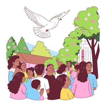A white dove is soaring gracefully above a congregation gathered outside a church during Easter. The congregation consists of diverse individuals of various ages, all of whom are looking up at the dove with expressions of joy and wonder. The scene is set against a backdrop of blooming flowers and greenery, embodying the spirit of spring. The dove, with its wings spread wide, carries an olive branch in its beak, symbolizing peace. Sunlight filters through the trees, casting a warm glow over the gathering.