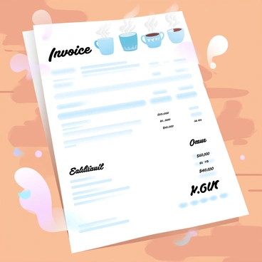 An invoice lies on a wooden table, showcasing a neat layout with clear sections for billing details. The top of the invoice features charming illustrations of coffee cups in various sizes and designs, each steaming and detailed. Surrounding the invoice are warm color tones, creating a cozy atmosphere. The text on the invoice is organized and easy to read, with the total amount highlighted clearly. Soft shadows play across the paper, adding depth to the scene.