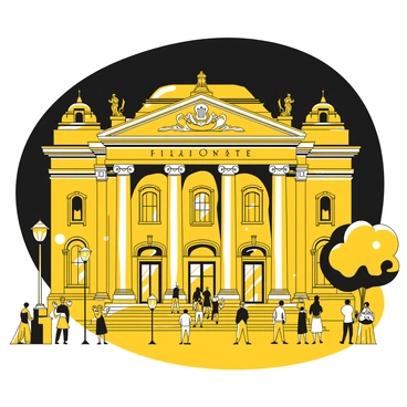 A view of the National Theatre in Belgrade at night, showcasing its prominent architectural features. The building's grand facade is illuminated, highlighting its ornate columns and detailed carvings. The entrance is flanked by statues, with soft light casting shadows that enhance their forms. The sky above is dark, contrasting with the bright lights of the theatre. In front of the building, a small crowd gathers, some taking photos, while others admire the structure. Street lamps nearby provide additional illumination, creating a warm ambiance around the scene.