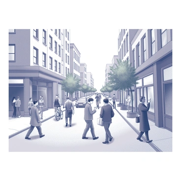 A busy city street filled with pedestrians walking in various directions. People are engaged in different activities, such as chatting, using their smartphones, and carrying shopping bags. There are cyclists navigating through the traffic and cars parked along the side of the road. Buildings line the street, showcasing a mix of architectural styles, with storefronts displaying merchandise. Some trees are planted along the sidewalk, providing a bit of greenery amidst the urban environment. The atmosphere is dynamic, reflecting the energy of a vibrant city life.
