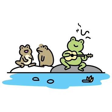 A green frog, sitting on a smooth rock, is strumming a small wooden guitar with its webbed feet. Next to the frog, a brown toad is positioned with its mouth open, appearing to sing. The two animals are situated beside a still pond, with gentle ripples on the water's surface reflecting the surrounding greenery. Small lily pads float near the edge of the pond.