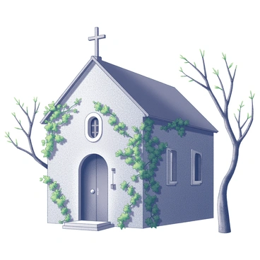 A small chapel constructed from weathered stone. The structure has a steeply pitched roof and small, arched windows. Vines entwine around the walls, their green leaves contrasting with the rough stone texture. Branches extend from nearby trees, framing the chapel and adding to the natural surroundings. The entrance features a wooden door, slightly ajar, inviting curiosity about the interior.