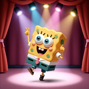 A sponge character performing a lively dance on a stage with bright spotlights.