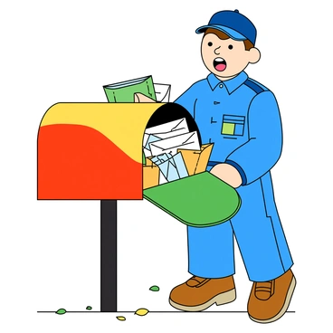 A surprised mailman with a light skin tone, wearing a bright blue uniform and a matching cap. He has short brown hair and wide eyes as he opens a colorful mailbox. The mailbox is painted in vibrant colors like red, yellow, and green, and it is overflowing with letters in various sizes and small packages wrapped in different colored paper. Some letters are sticking out at odd angles. The mailman is standing on a neatly paved sidewalk, with a few scattered leaves around him.