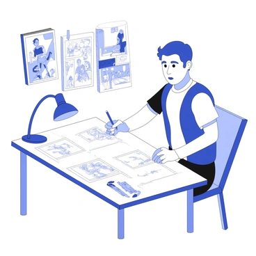 An illustrator is sitting at a drawing table, focused on sketching panels for a graphic novel. The workspace is cluttered with various drawing tools, including pencils, erasers, and rulers. The illustrator has a concentrated expression, with one hand holding a pencil and the other hand adjusting the paper on the table. The paper features outlined panels, each depicting dynamic action scenes. In the background, there are reference books and concept art pinned to the wall, showcasing characters and environments from the novel. A small desk lamp illuminates the area, casting a soft light over the sketches.