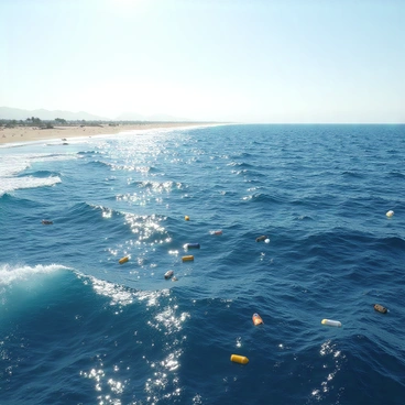A vast ocean view with deep blue waves rolling gently under a clear sky. Sunlight sparkles on the water's surface, illuminating the scene. Scattered throughout the waves, various pieces of plastic waste, including bottles, bags, and containers, float visibly. The shoreline in the distance features sandy beaches and a few scattered rocks, contrasting with the waste in the water. Sea foam creates white frothy streaks where the waves crash, highlighting the tension between the natural beauty and the pollution present.