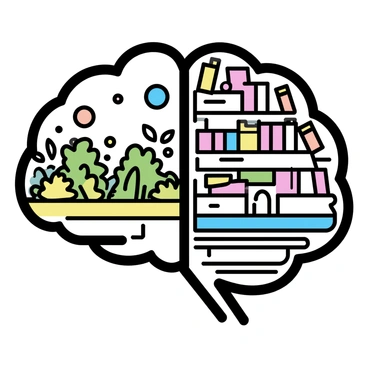 A brain with a garden on one hemisphere and a library on the other