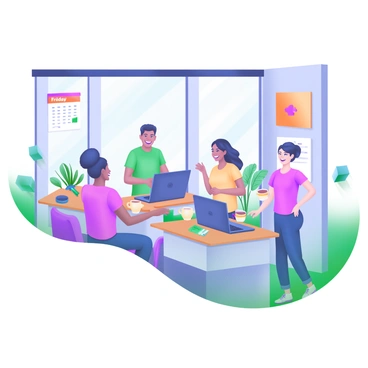 A modern pastel illustration depicting a group of office workers dressed in casual attire, such as t-shirts and jeans, smiling and interacting. They are seated at desks with laptops and various stationery items scattered around. Some workers are standing, engaging in conversation, while others are enjoying coffee from mugs. The office has large windows allowing natural light to fill the space, with plants in the corners and colorful artwork on the walls. A calendar on the wall prominently displays "Friday."