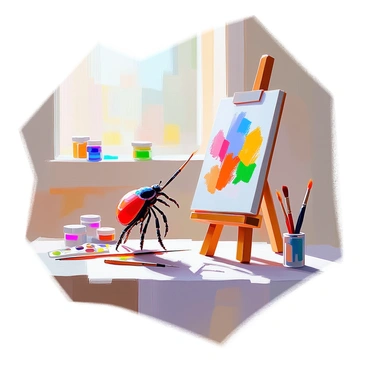 A tiny tick with detailed features is standing on its hind legs, holding a small paintbrush in its front leg. The tick is focused and determined as it carefully applies vibrant paint to a miniature canvas situated on an easel. The art studio is a snug space filled with tiny art supplies, such as small tubes of paint, a palette, and brushes scattered around. A tiny window allows soft light to illuminate the scene, casting delicate shadows on the wooden floor. The canvas showcases an intricate masterpiece with bright colors and fine details.