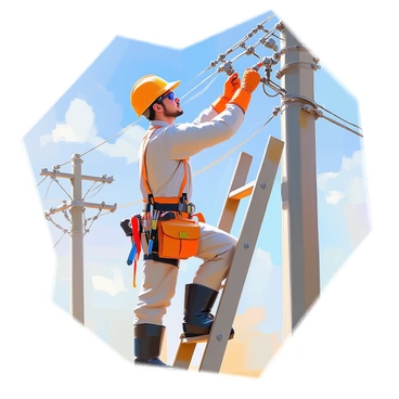An electrician with medium skin tone is engaged in repair work on power lines. He is wearing bright orange insulated gloves and sturdy black insulated boots for safety. His helmet is bright yellow, and he has safety goggles secured over his eyes. The electrician stands on a wooden ladder, reaching up to connect wires. The background features blue sky with a few fluffy clouds and utility poles extending into the distance. Tools such as pliers and wire cutters are clipped to his tool belt, reflecting his focused demeanor as he meticulously works on the power lines.