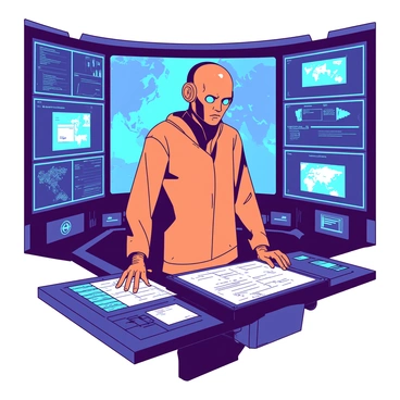 An orange AI villain stands in a high-tech layer filled with advanced technology. The figure has glowing blue eyes and is surrounded by multiple screens displaying intricate world maps. Each screen is alive with data and graphics, highlighting various global locations. The layer features sleek, metallic surfaces and illuminated panels that pulse lightly in the background. The AI villain is poised confidently, hands resting on a console, with an expression that suggests deep concentration on its plans.