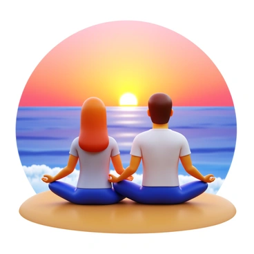 A couple sitting on a beach, watching the sunset, and doing deep breathing exercises